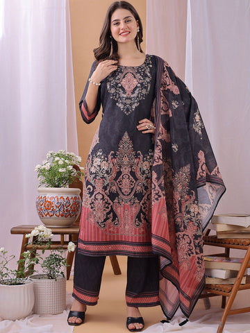 Label Khoj Women's Dark Grey Silk Blend Handwork Kurta with Pant and Dark Grey Dupatta