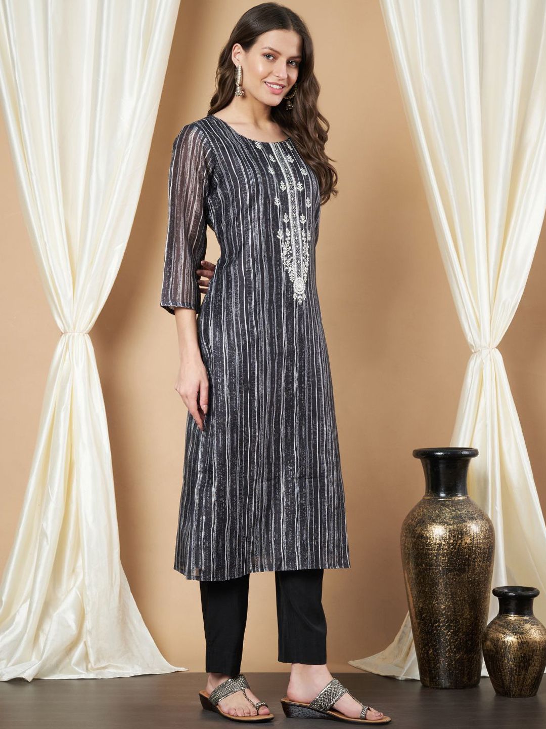 Label Khoj Women's Black Chanderi Embroidered Kurta with Pant and Black Dupatta