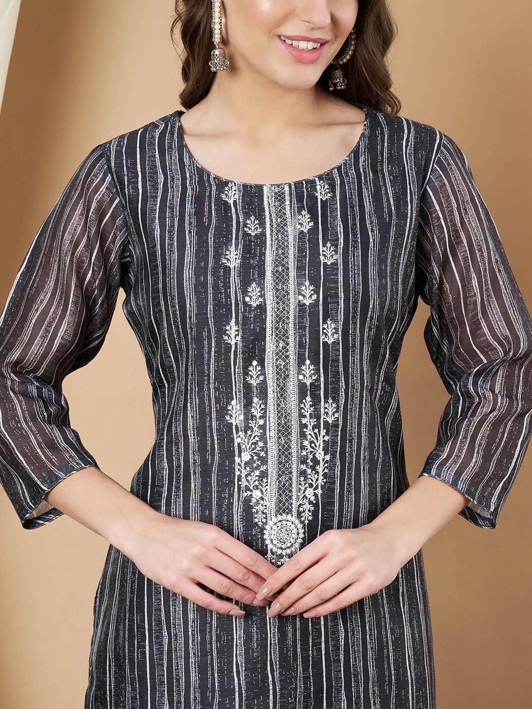Label Khoj Women's Black Chanderi Embroidered Kurta with Pant and Black Dupatta