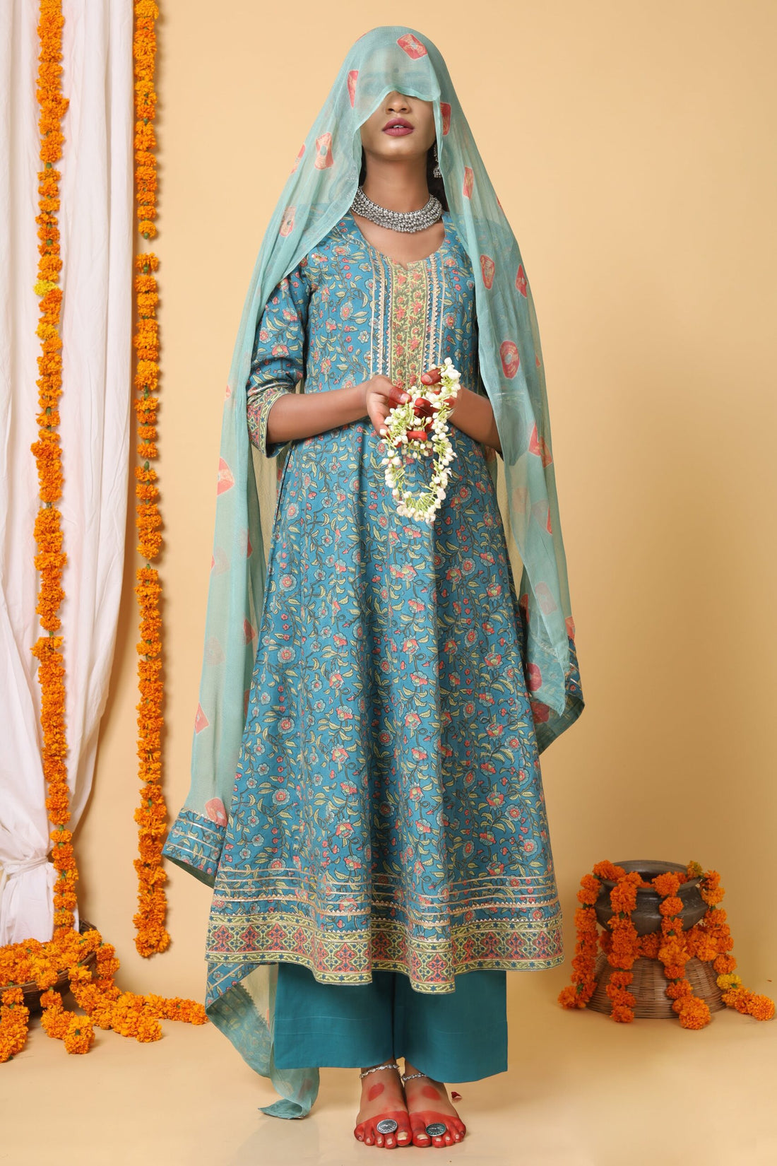 Teal Green and peach handblock printed anarkali with Chiffon Duppatta