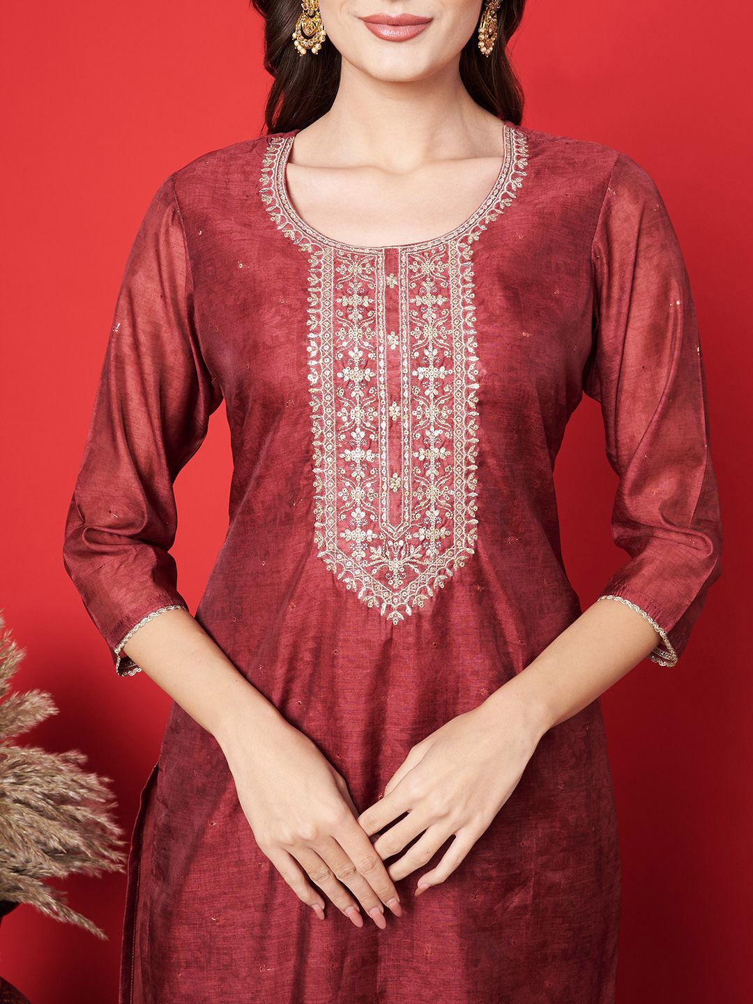 Label khoj chanderi kurta with bottom and dupptta setMaroon Color