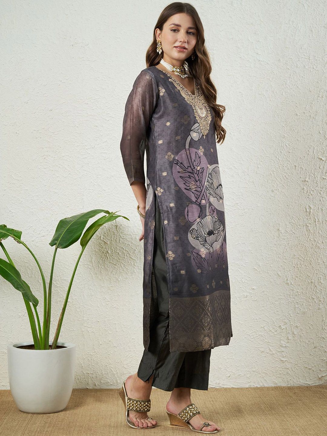 Label Khoj Women Silk Jacqured  Embroidery  Work Grey Color Kurta & Bottom With Dupatta  Set