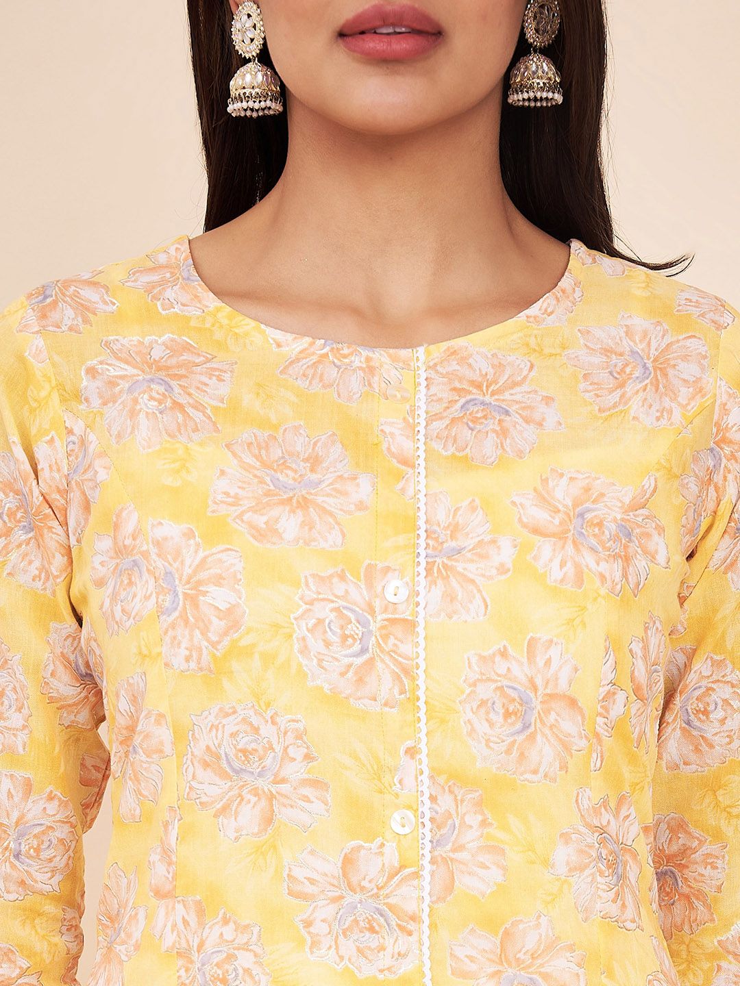 Label Khoj Women Cotton Yellow Floral Kurta