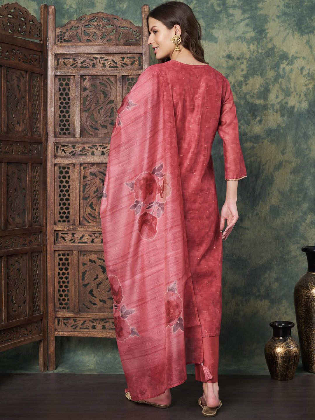 Label Khoj Women's Red Chanderi Embroidered Kurta with Pant and Red Dupatta