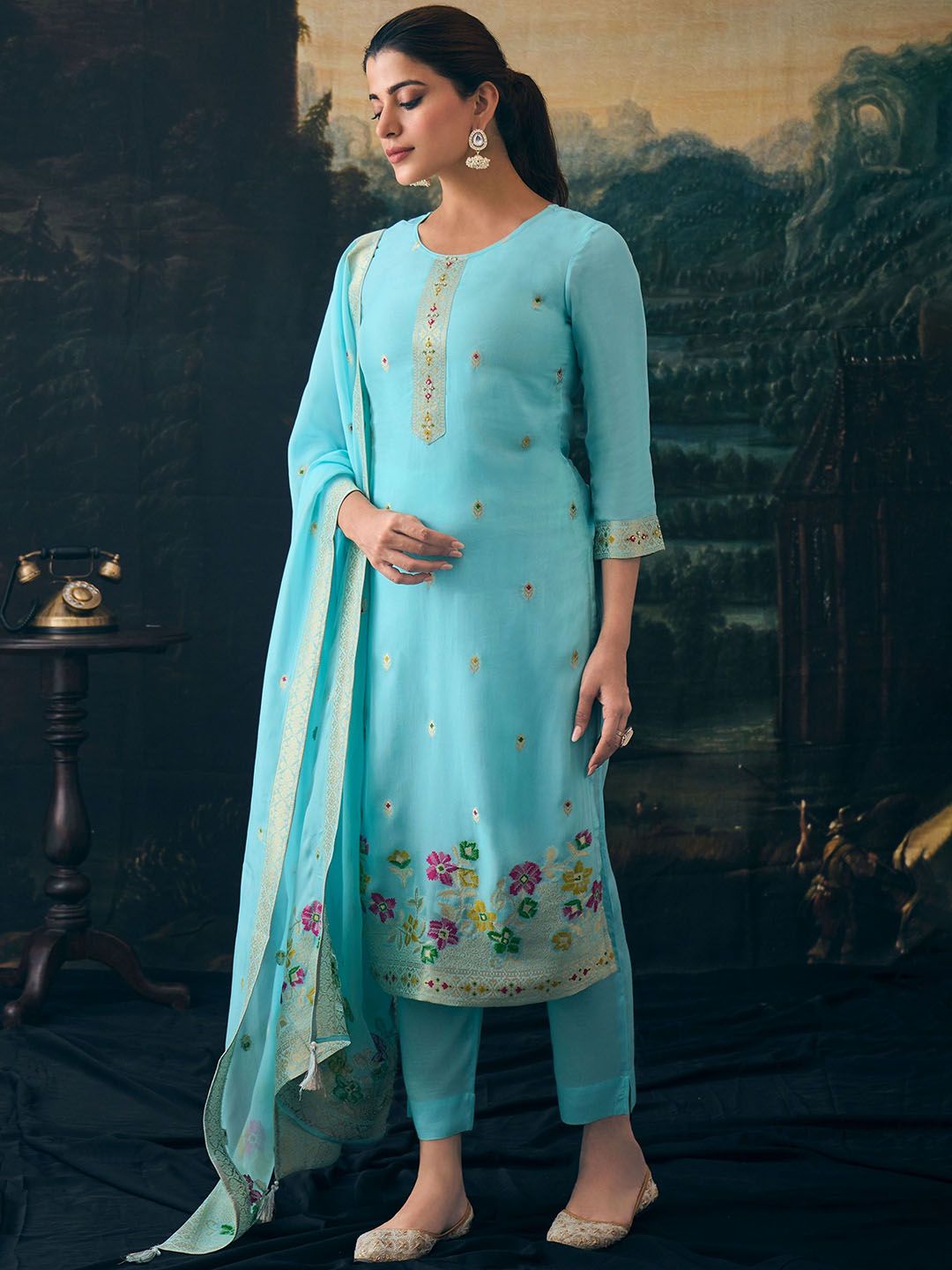 Label khoj Pure viscose Georgette silk with heavy Meena and handwork kurta set