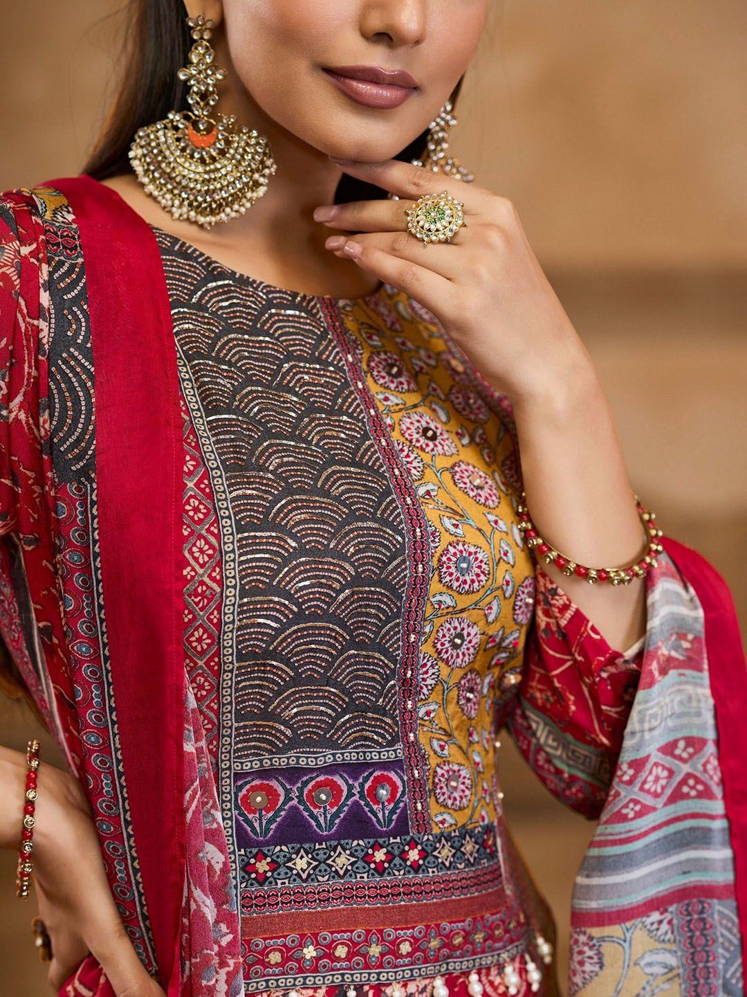 Label khoj Women maslin priint kurta, trouser and dupptta set