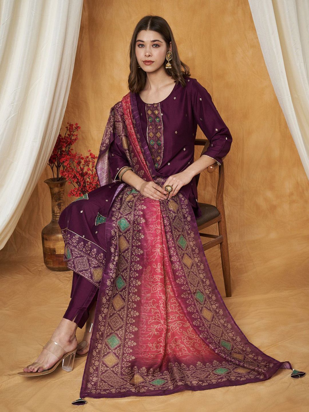 Label Khoj Women's Black Chinon Hand Embroidery Kurta with Pant and Dupatta