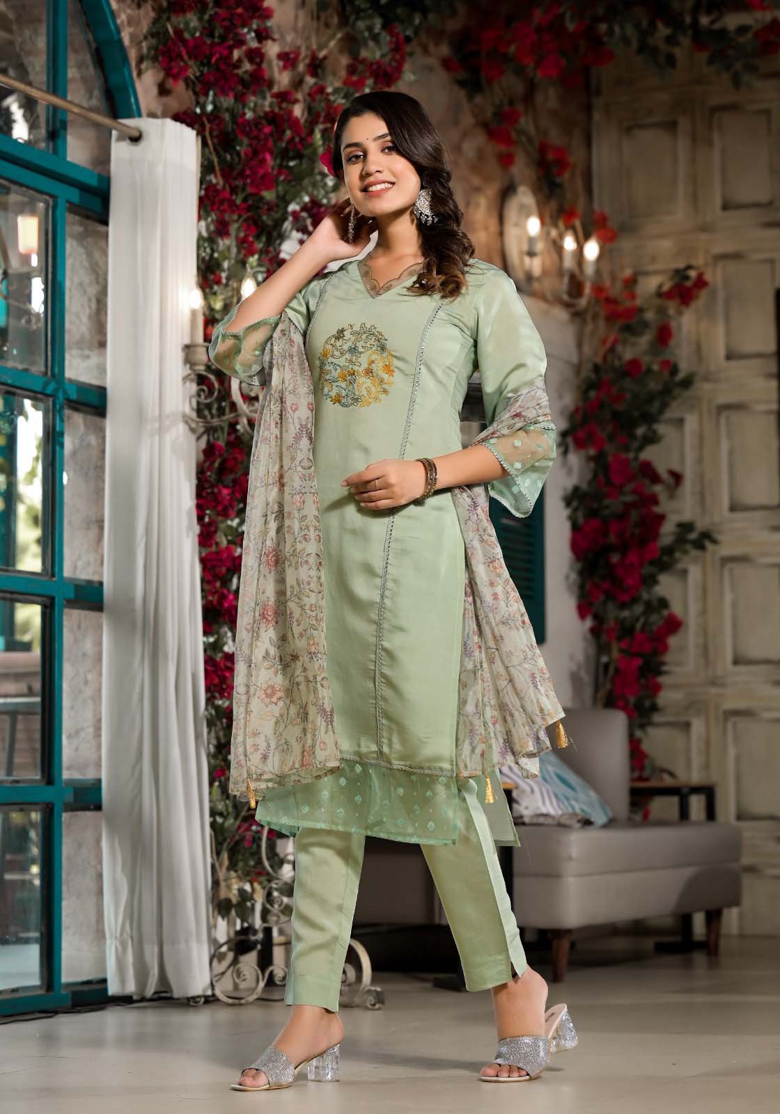 Label Khoj Women Silk blend Kurta ,trouser and dupptta set
