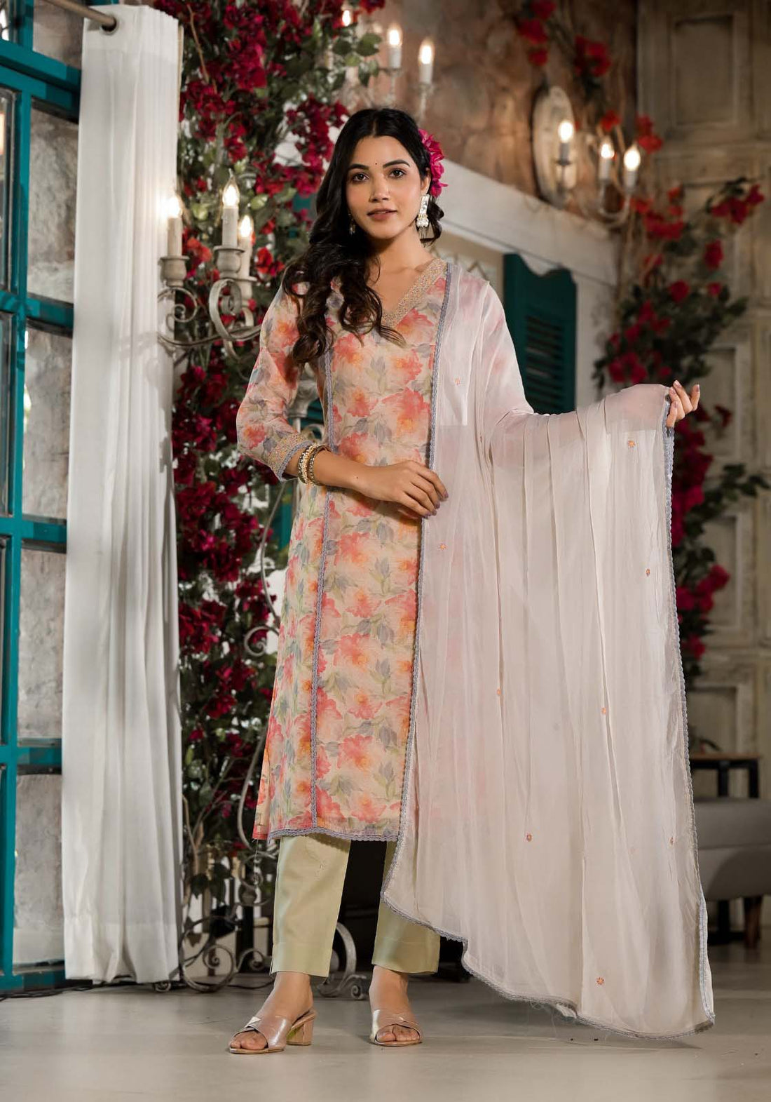 Label Khoj Women chanderi Silk Kurta ,trouser and dupptta set