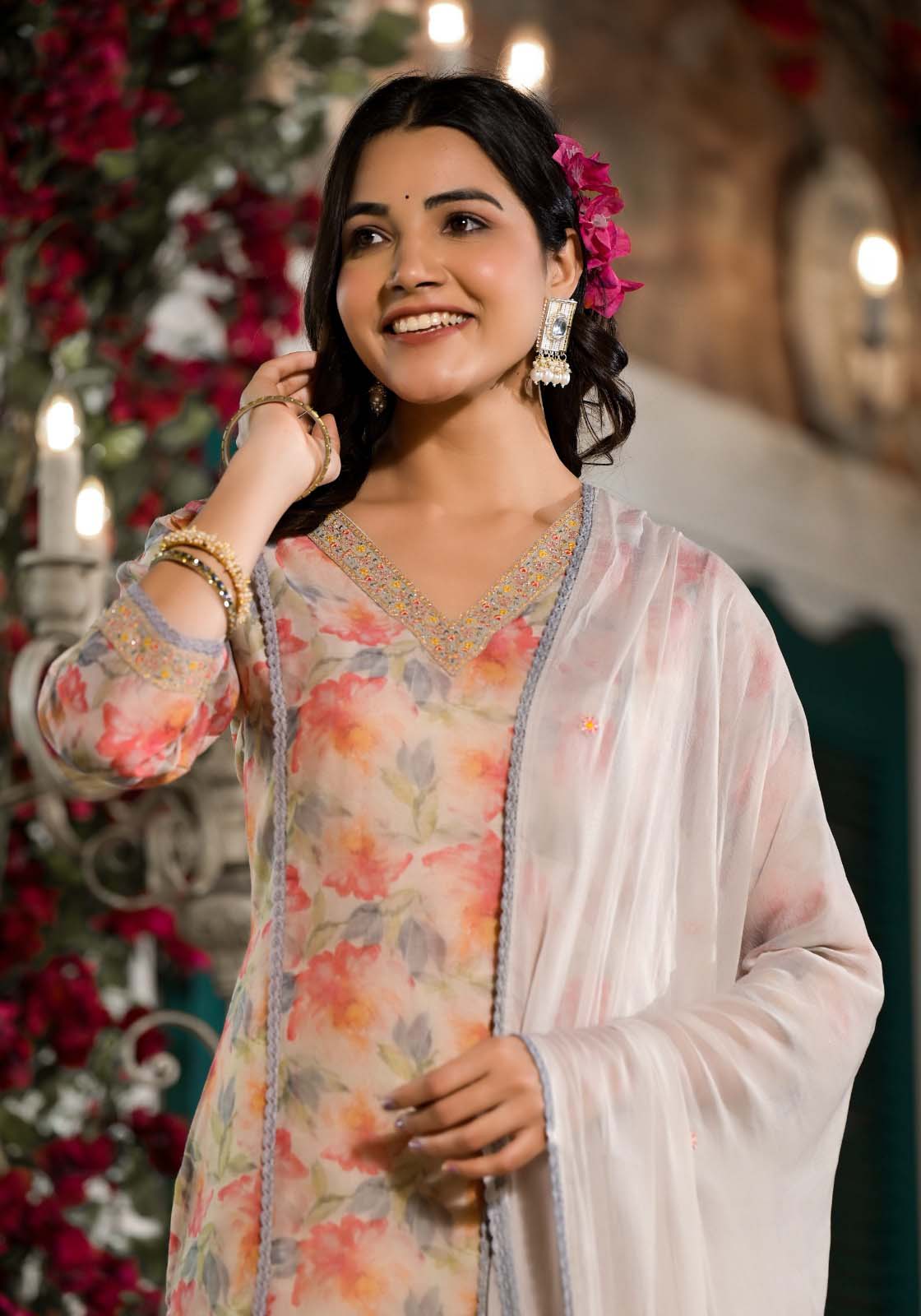 Label Khoj Women chanderi Silk Kurta ,trouser and dupptta set