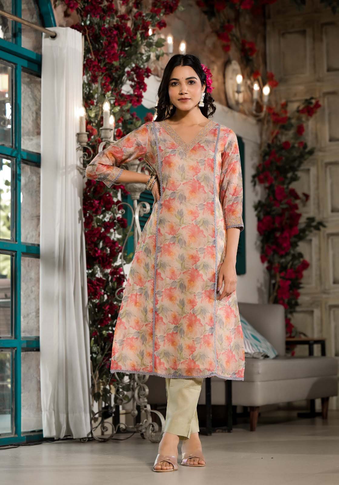Label Khoj Women chanderi Silk Kurta ,trouser and dupptta set
