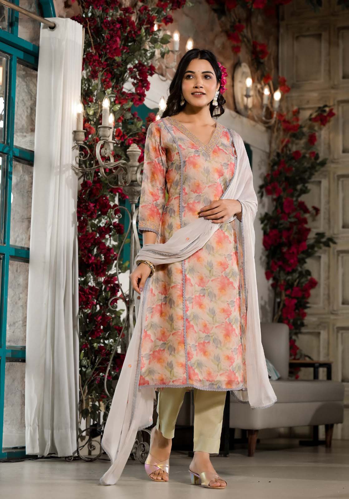 Label Khoj Women chanderi Silk Kurta ,trouser and dupptta set