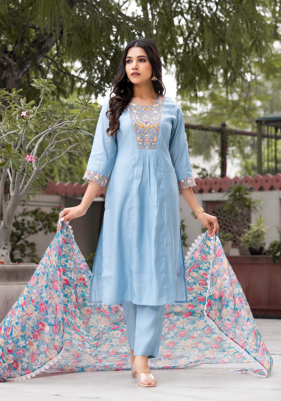 label khoj roman silk Kurta ,trouser and dupptta set