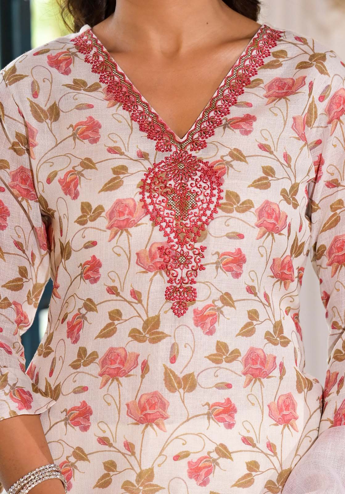 Label Khoj Women Lilen print embroidery Kurta ,trouser and dupptta set