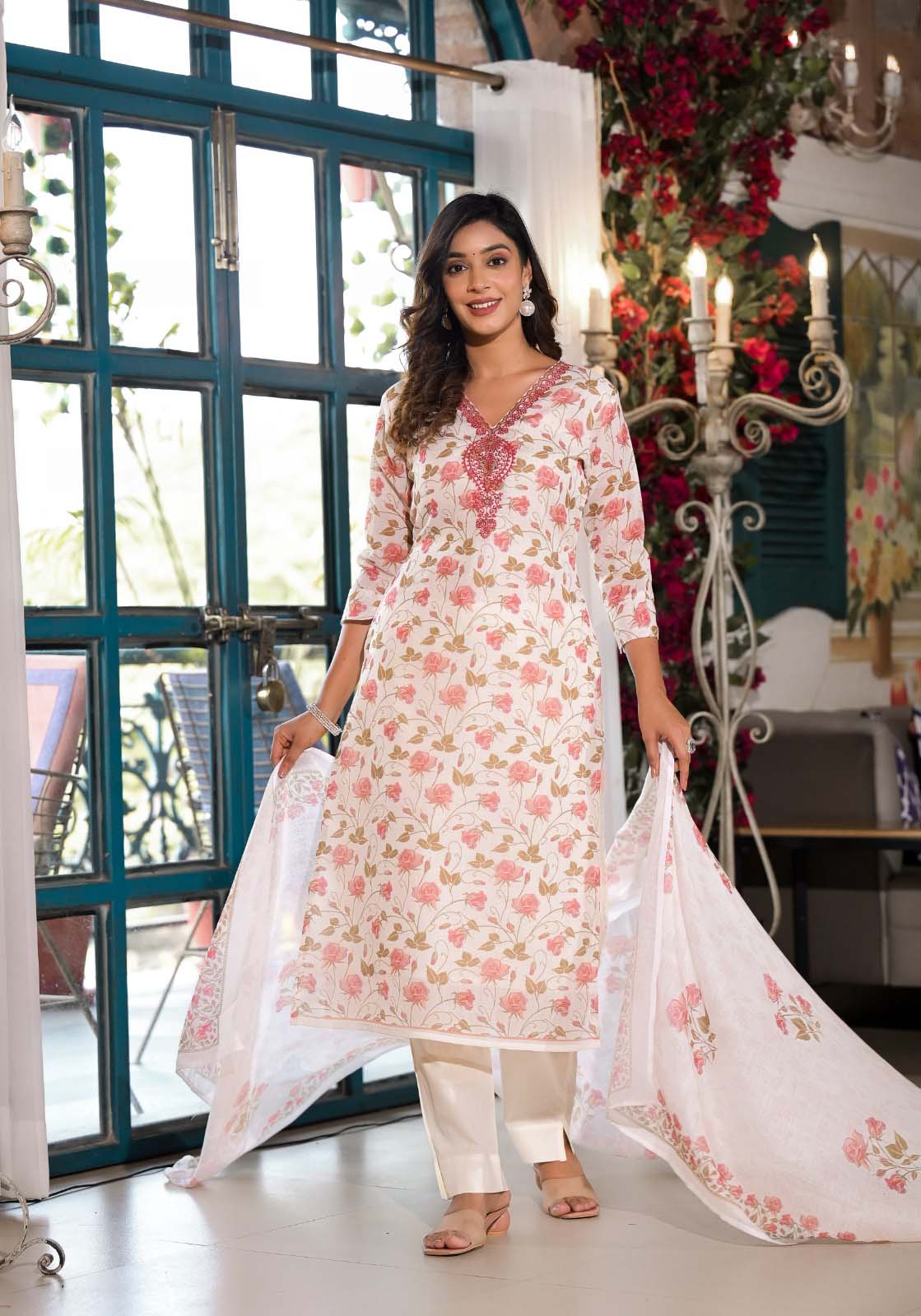 Label Khoj Women Lilen print embroidery Kurta ,trouser and dupptta set