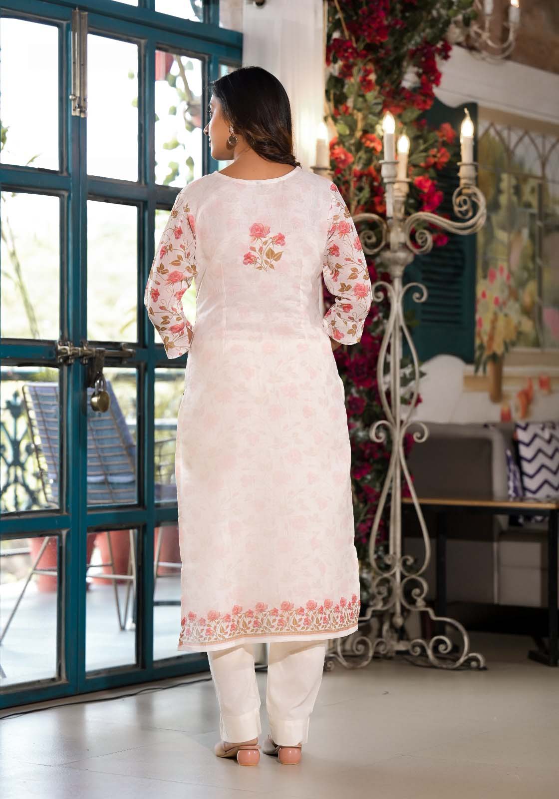 Label Khoj Women Lilen print embroidery Kurta ,trouser and dupptta set