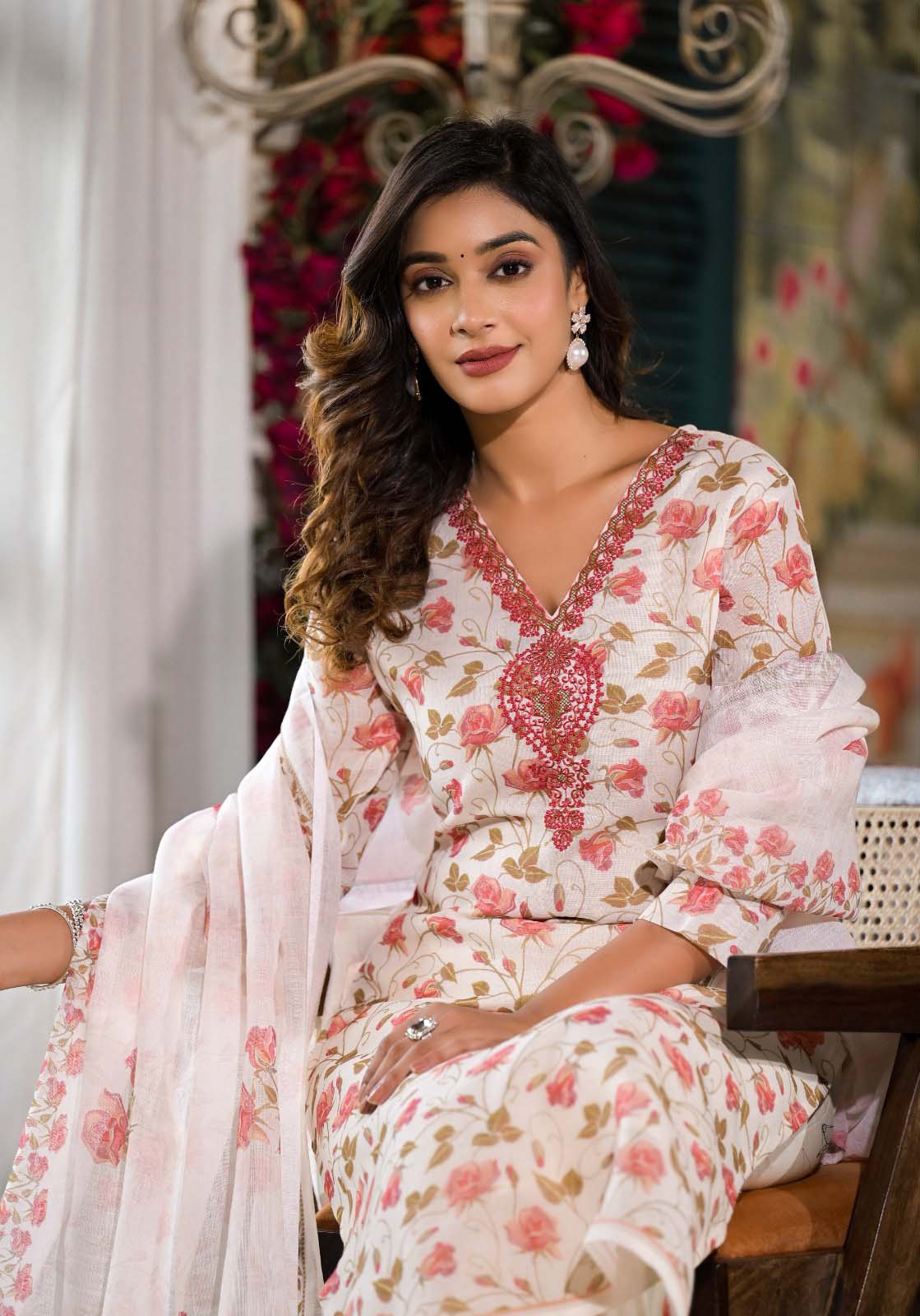 Label Khoj Women Lilen print embroidery Kurta ,trouser and dupptta set