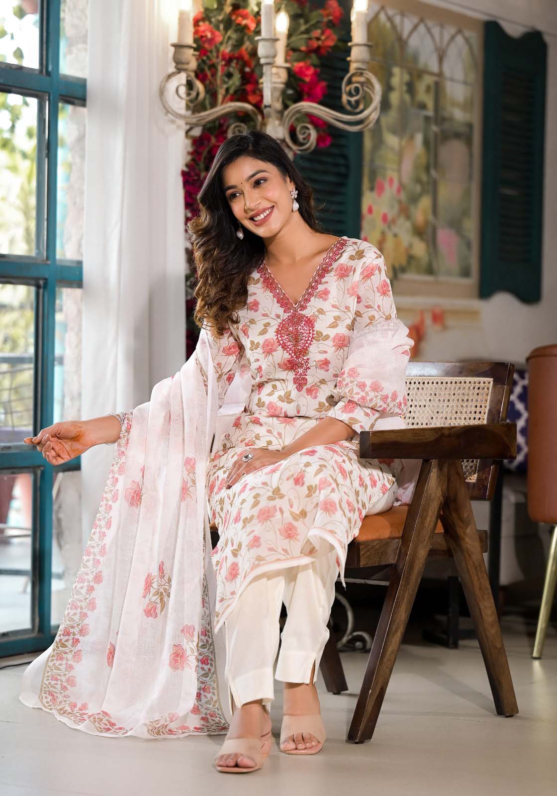 Label Khoj Women Lilen print embroidery Kurta ,trouser and dupptta set