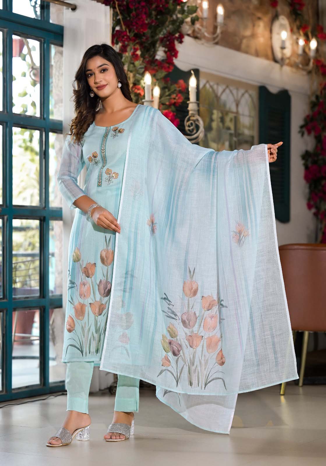Label khoj lilen kurta , trouser and dupptta set