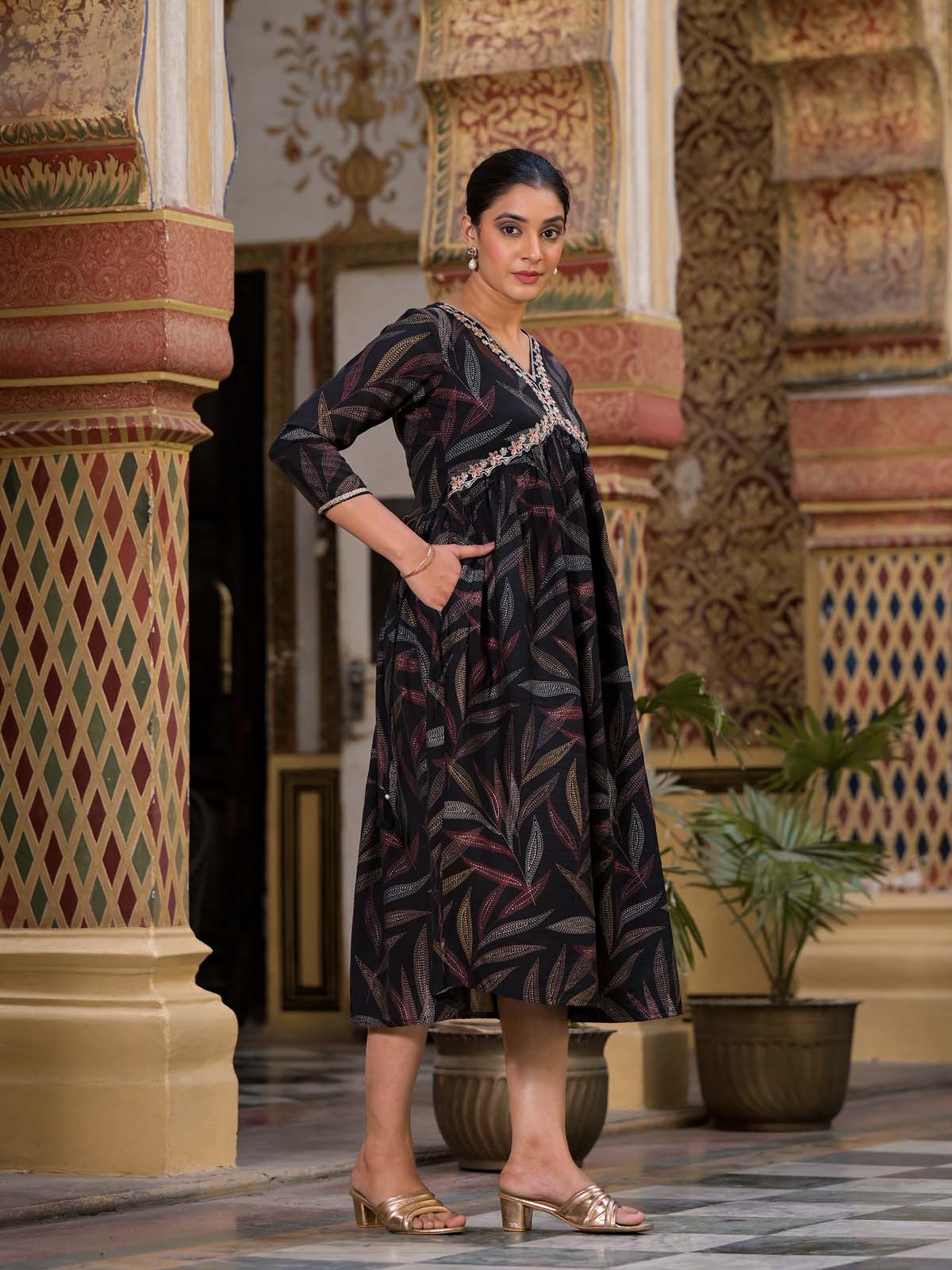 Label Khoj Women Modal Silk fabric and embroidery Printed Dress