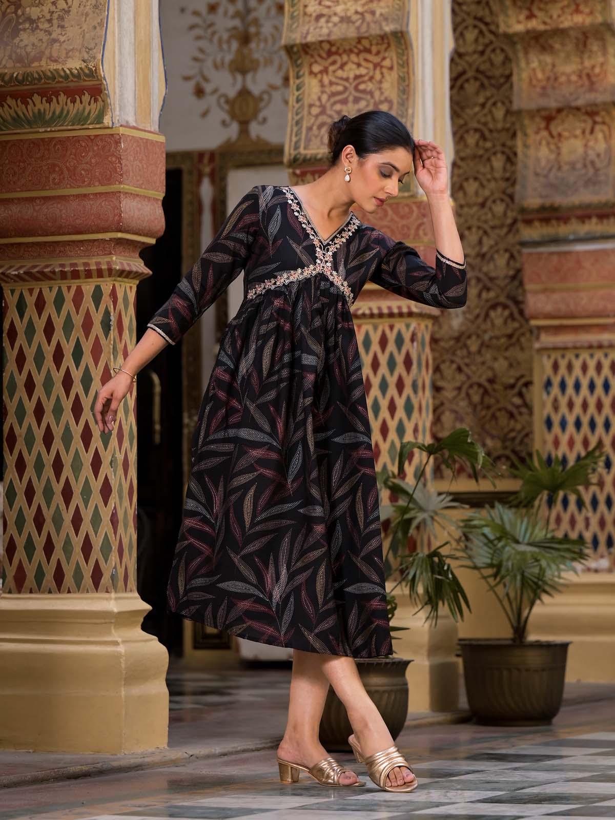 Label Khoj Women Modal Silk fabric and embroidery Printed Dress