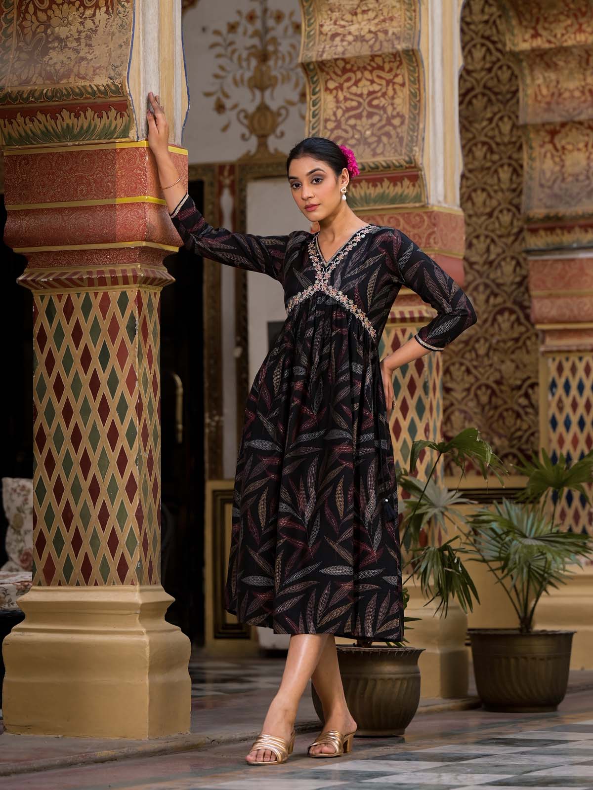 Label Khoj Women Modal Silk fabric and embroidery Printed Dress