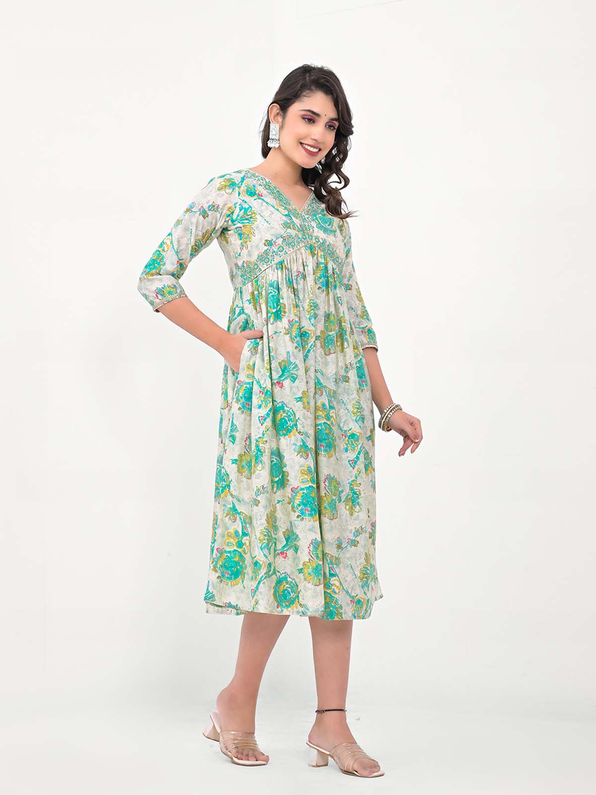 Label Khoj Women Modal Silk fabric and embroidery Printed Dress