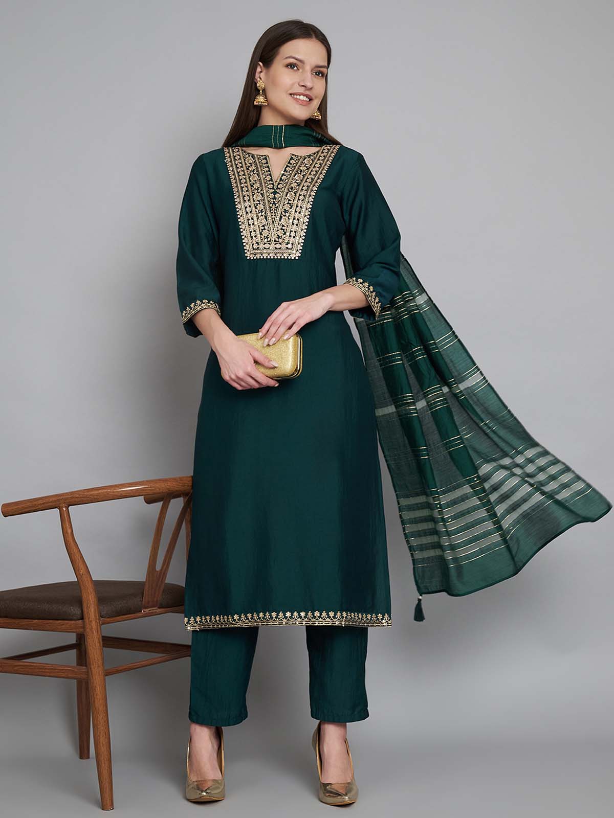 Label Khoj Women Silk blend Kurta ,trouser and dupptta set