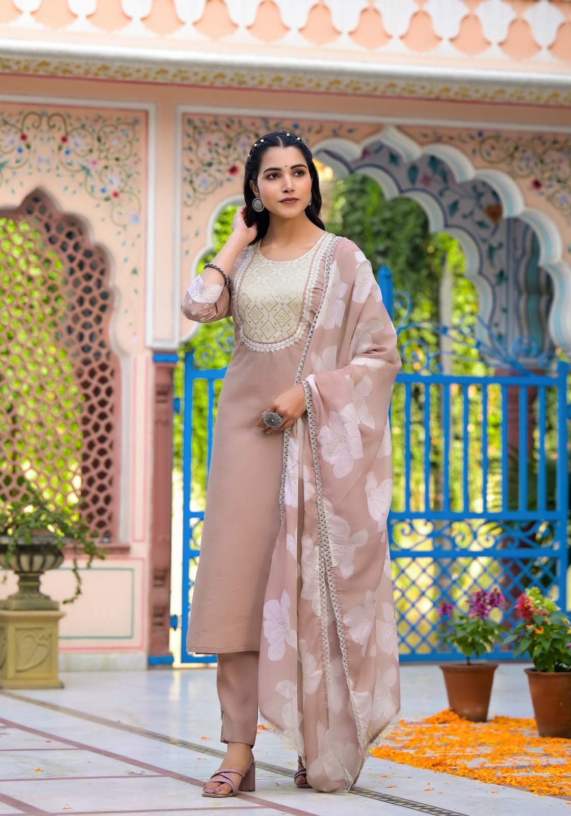 Label Khoj Women Silk blend Kurta ,trouser and dupptta set