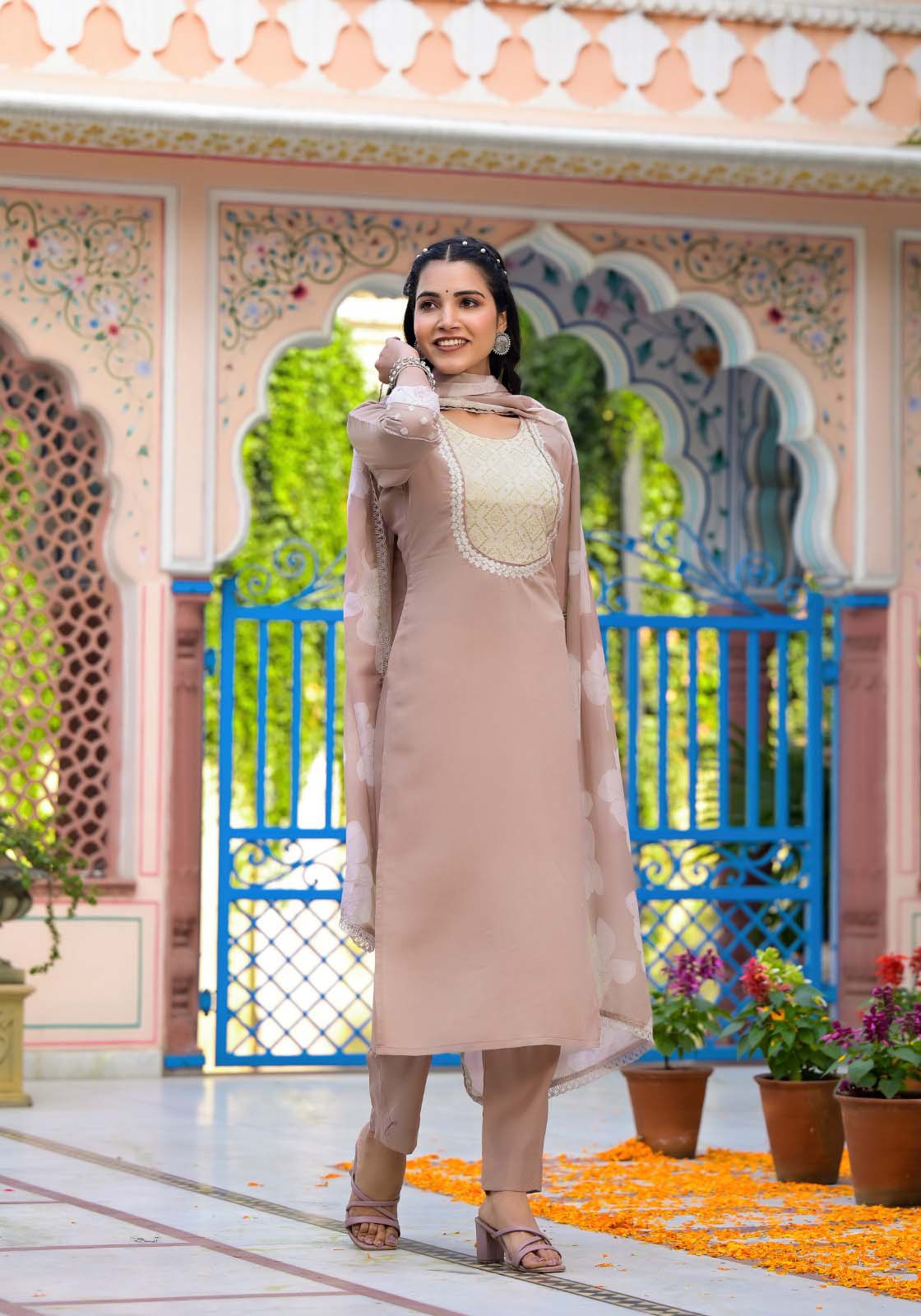 Label Khoj Women Silk blend Kurta ,trouser and dupptta set