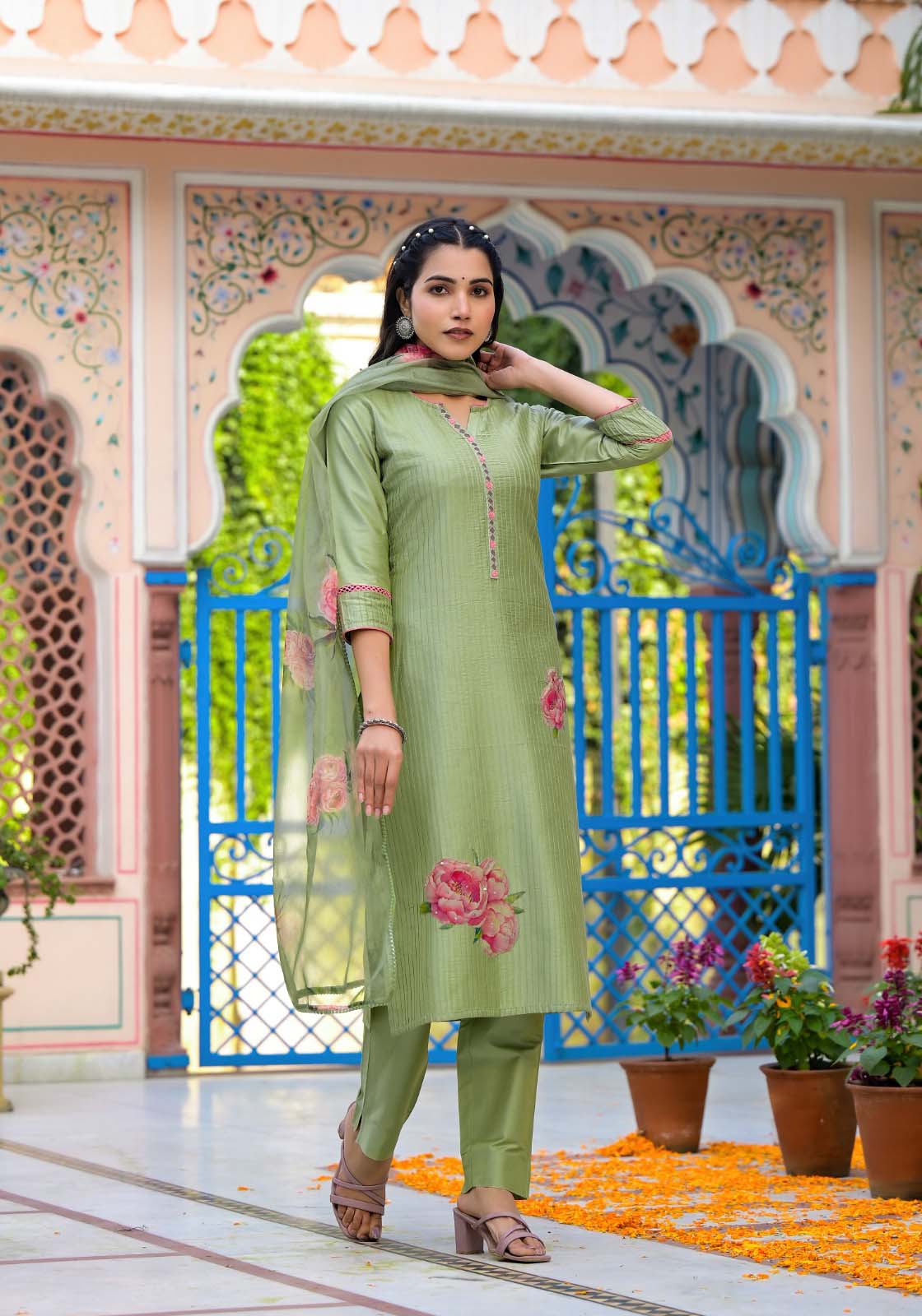 Label khoj viscose silk kurta , trouser and dupptta set
