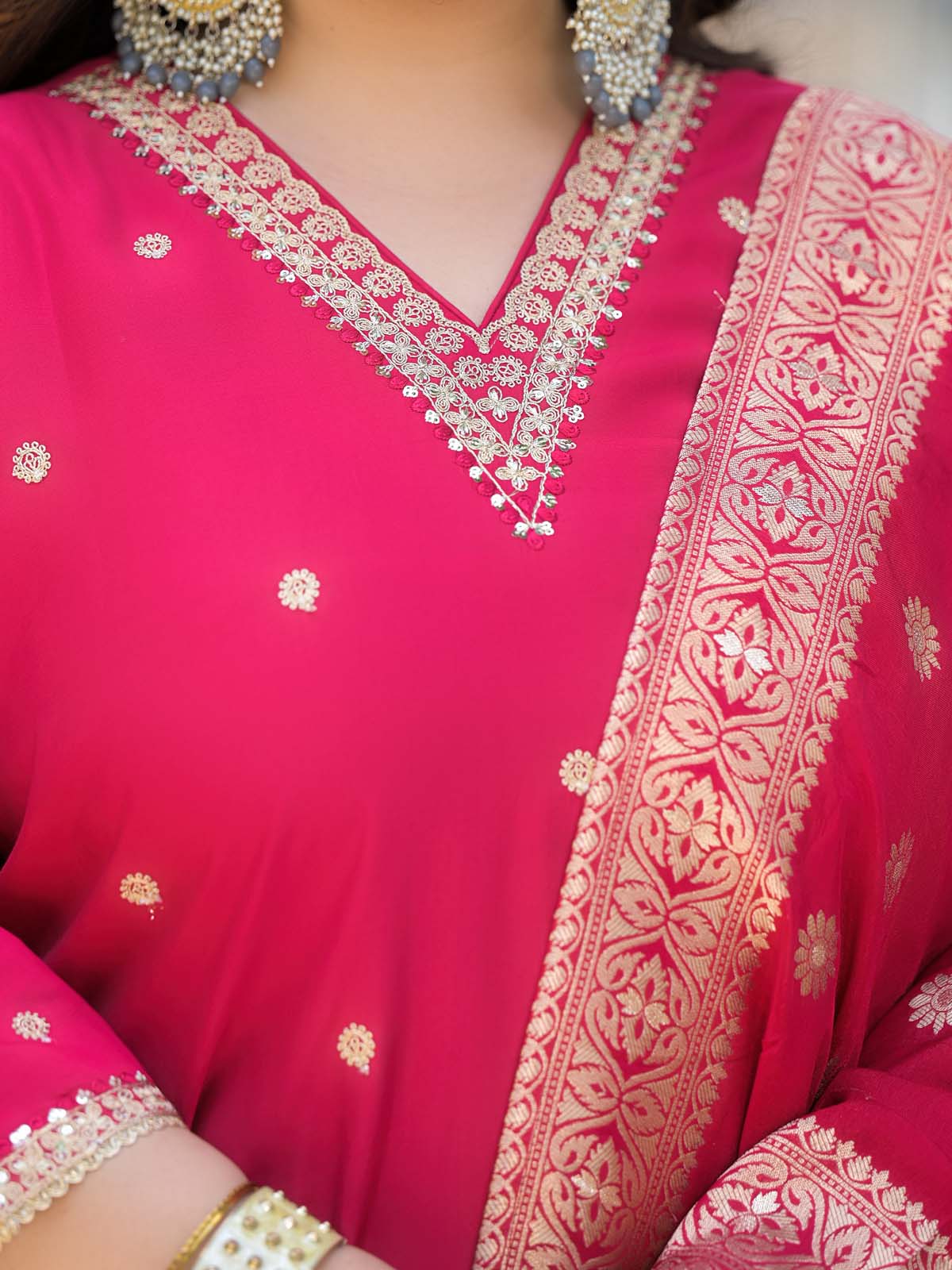 Label Khoj Women Roman Silk Embroidery  Work Rani Color Kurta & Bottom With Dupatta  Set