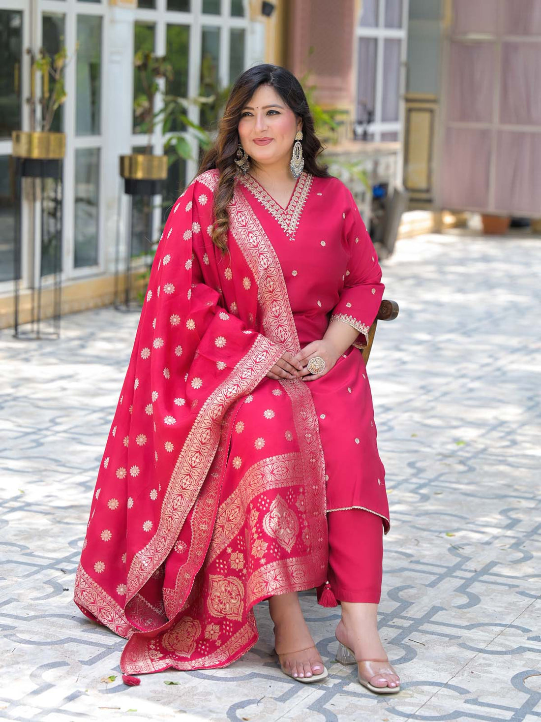 Label Khoj Women Roman Silk Embroidery  Work Rani Color Kurta & Bottom With Dupatta  Set