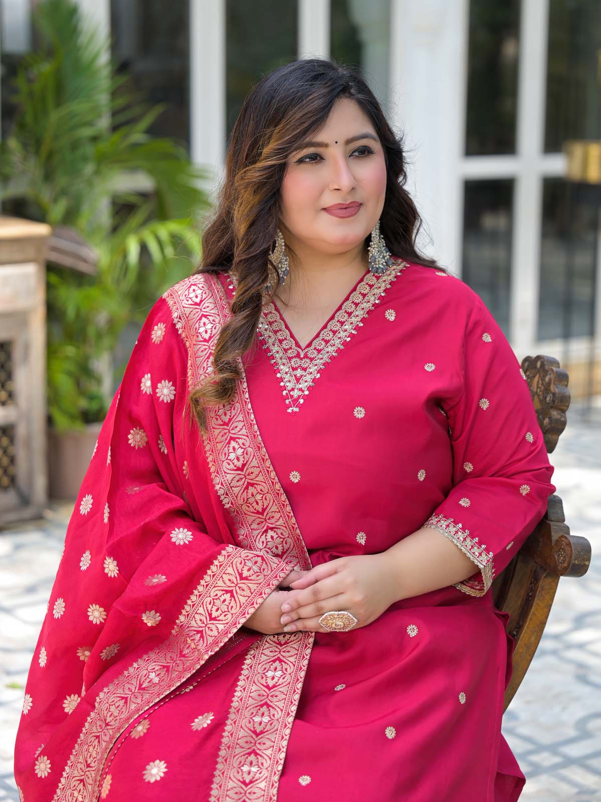 Label Khoj Women Roman Silk Embroidery  Work Rani Color Kurta & Bottom With Dupatta  Set