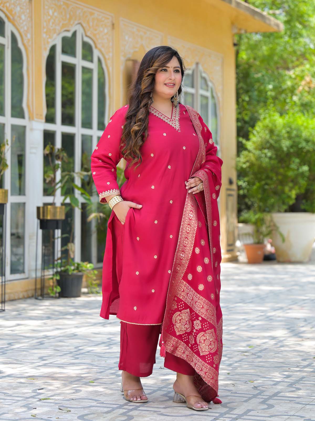 Label Khoj Women Roman Silk Embroidery  Work Rani Color Kurta & Bottom With Dupatta  Set