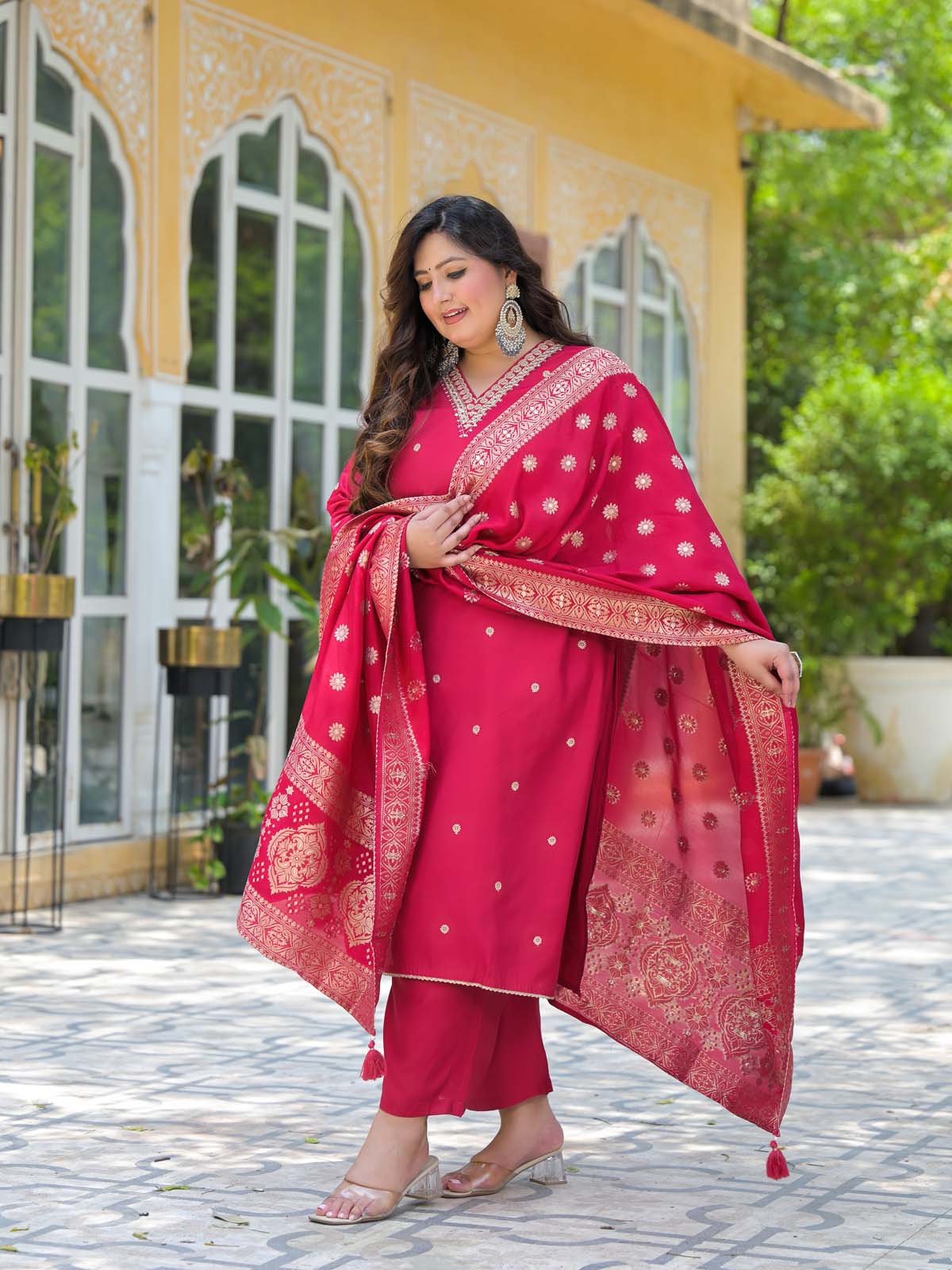 Label Khoj Women Roman Silk Embroidery  Work Rani Color Kurta & Bottom With Dupatta  Set