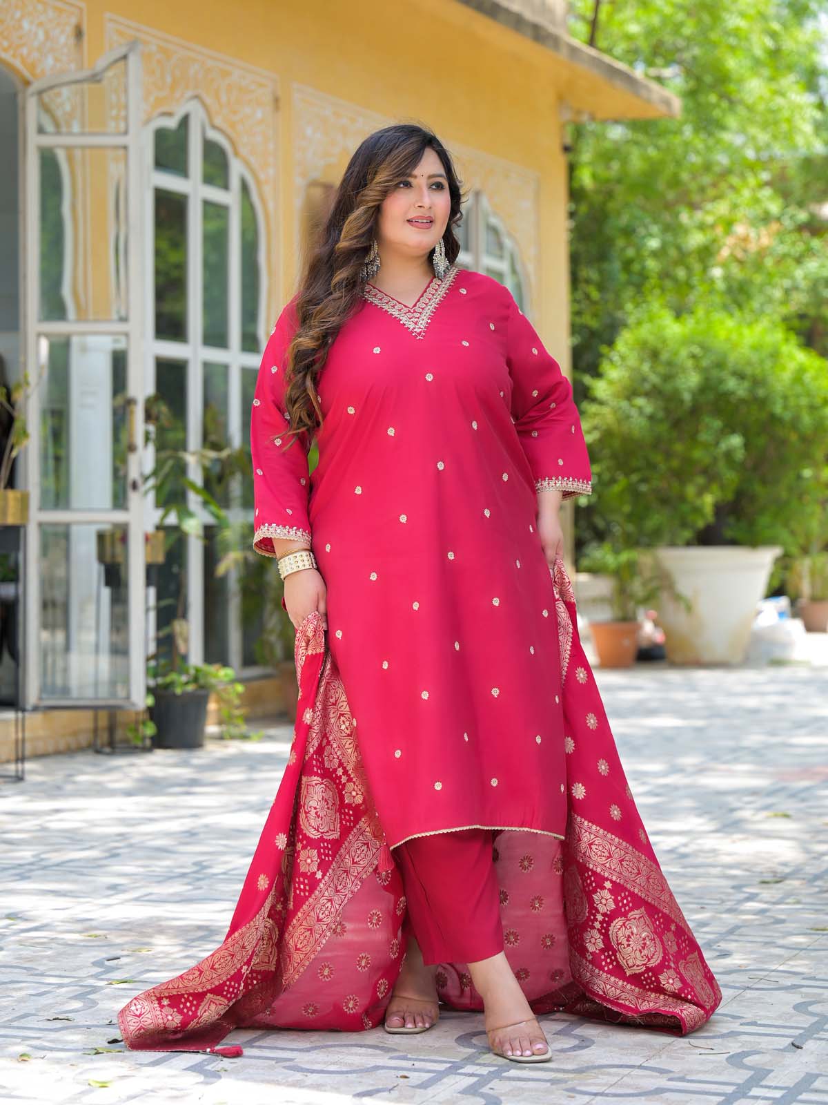 Label Khoj Women Roman Silk Embroidery  Work Rani Color Kurta & Bottom With Dupatta  Set