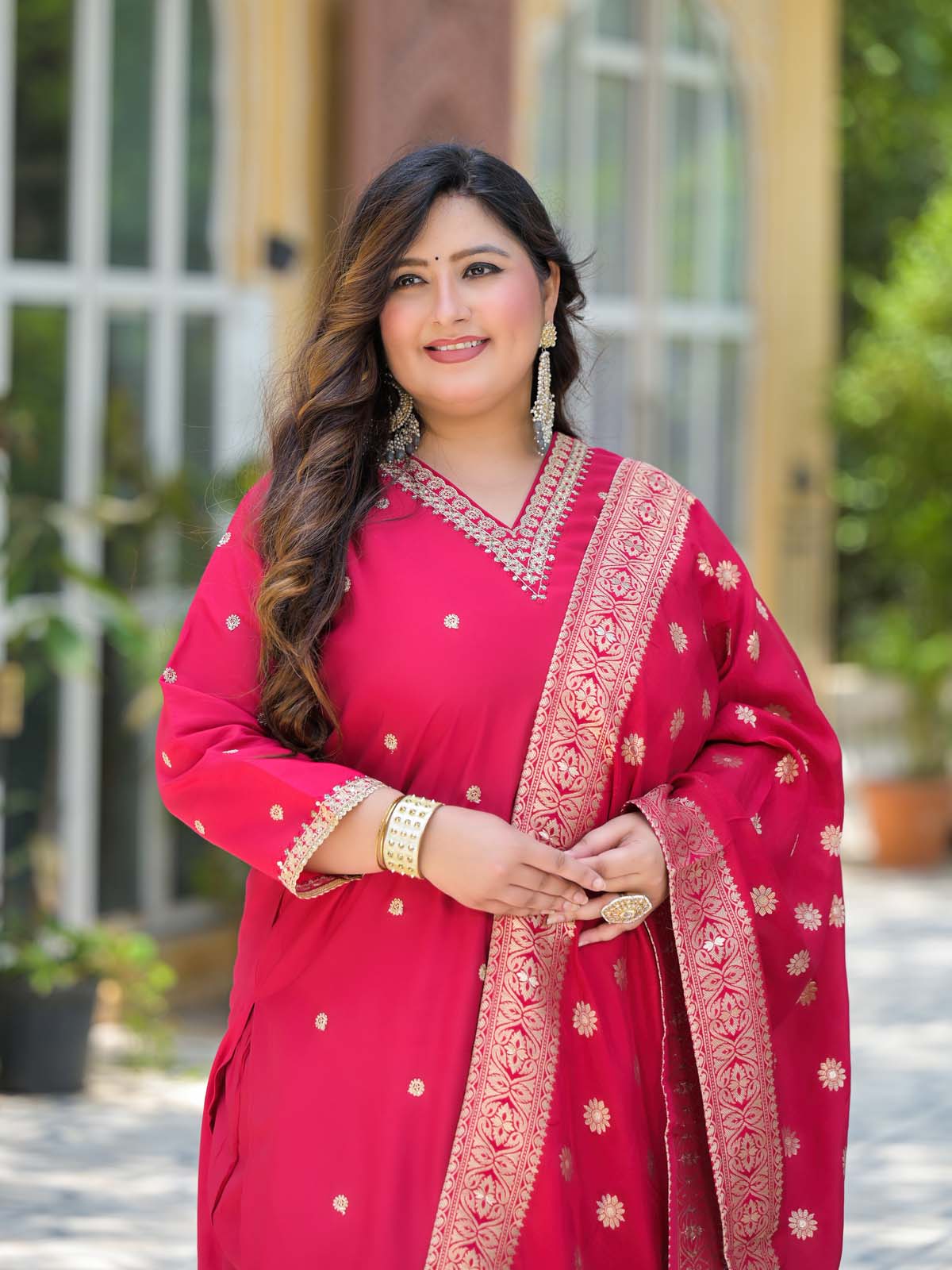Label Khoj Women Roman Silk Embroidery  Work Rani Color Kurta & Bottom With Dupatta  Set