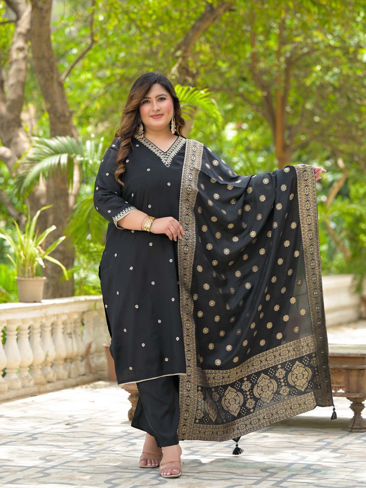 Label Khoj Women Roman Silk Embroidery  Work Black Color Kurta & Bottom With Dupatta  Set
