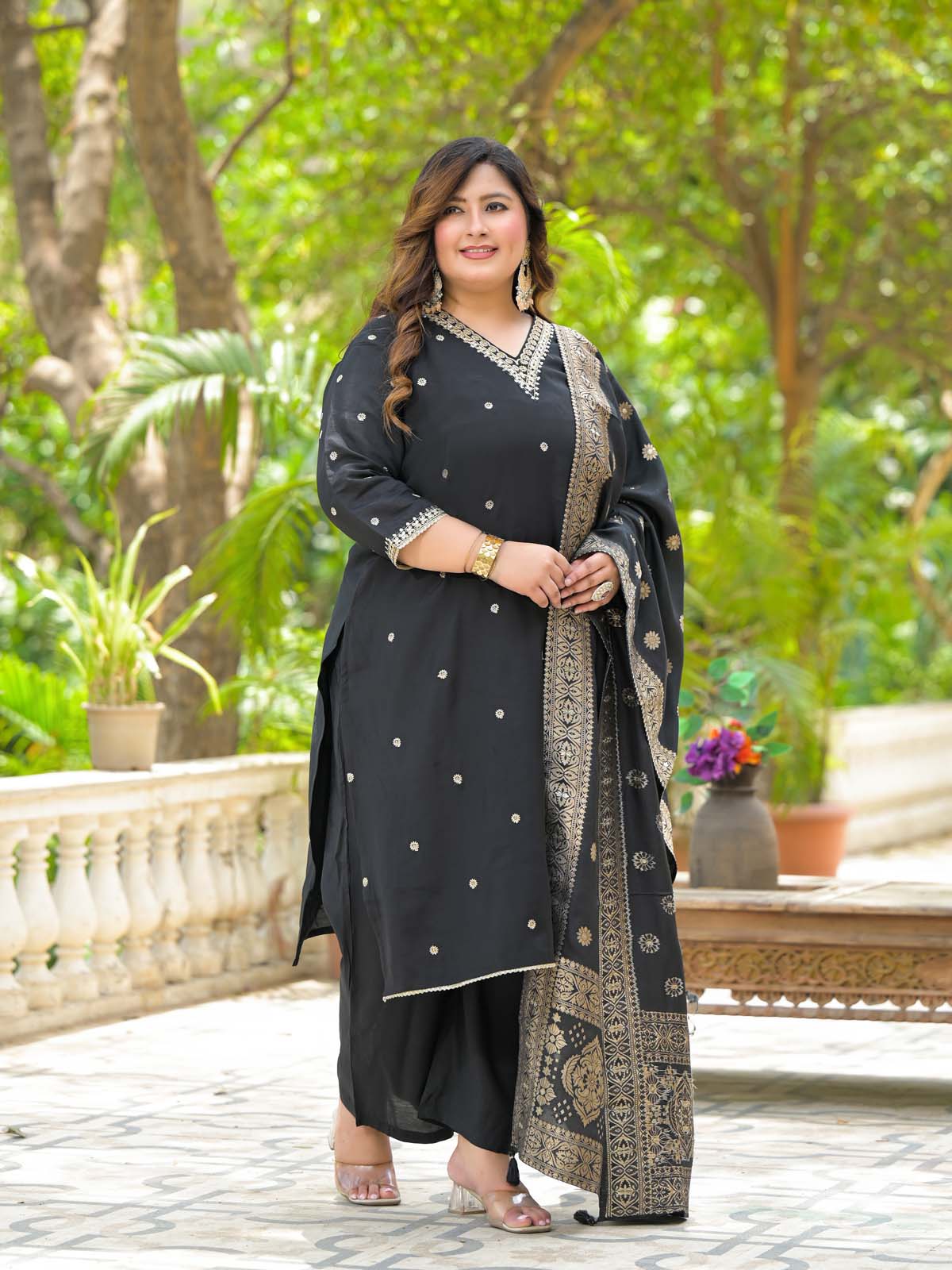 Label Khoj Women Roman Silk Embroidery  Work Black Color Kurta & Bottom With Dupatta  Set