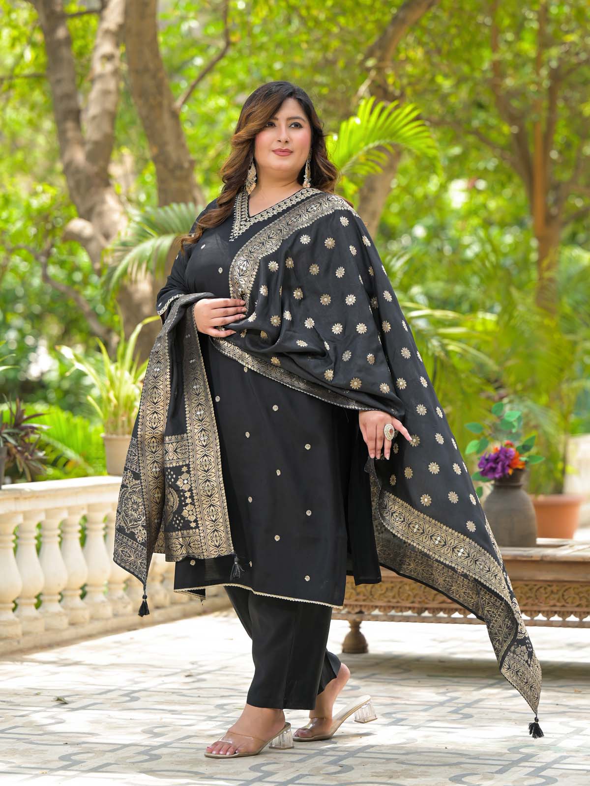 Label Khoj Women Roman Silk Embroidery  Work Black Color Kurta & Bottom With Dupatta  Set
