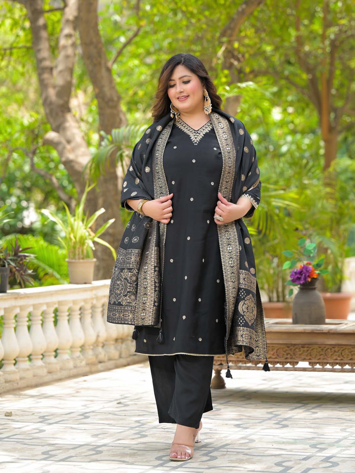 Label Khoj Women Roman Silk Embroidery  Work Black Color Kurta & Bottom With Dupatta  Set