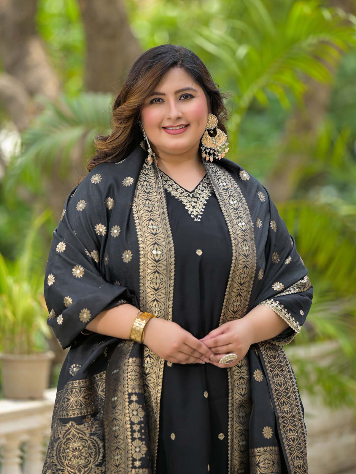 Label Khoj Women Roman Silk Embroidery  Work Black Color Kurta & Bottom With Dupatta  Set
