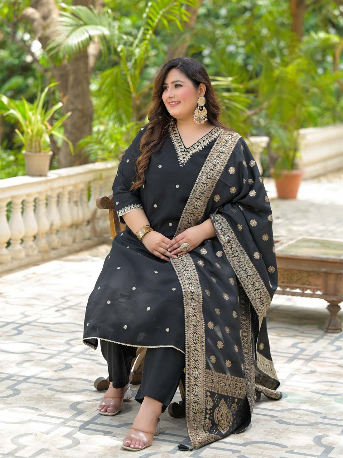 Label Khoj Women Roman Silk Embroidery  Work Black Color Kurta & Bottom With Dupatta  Set