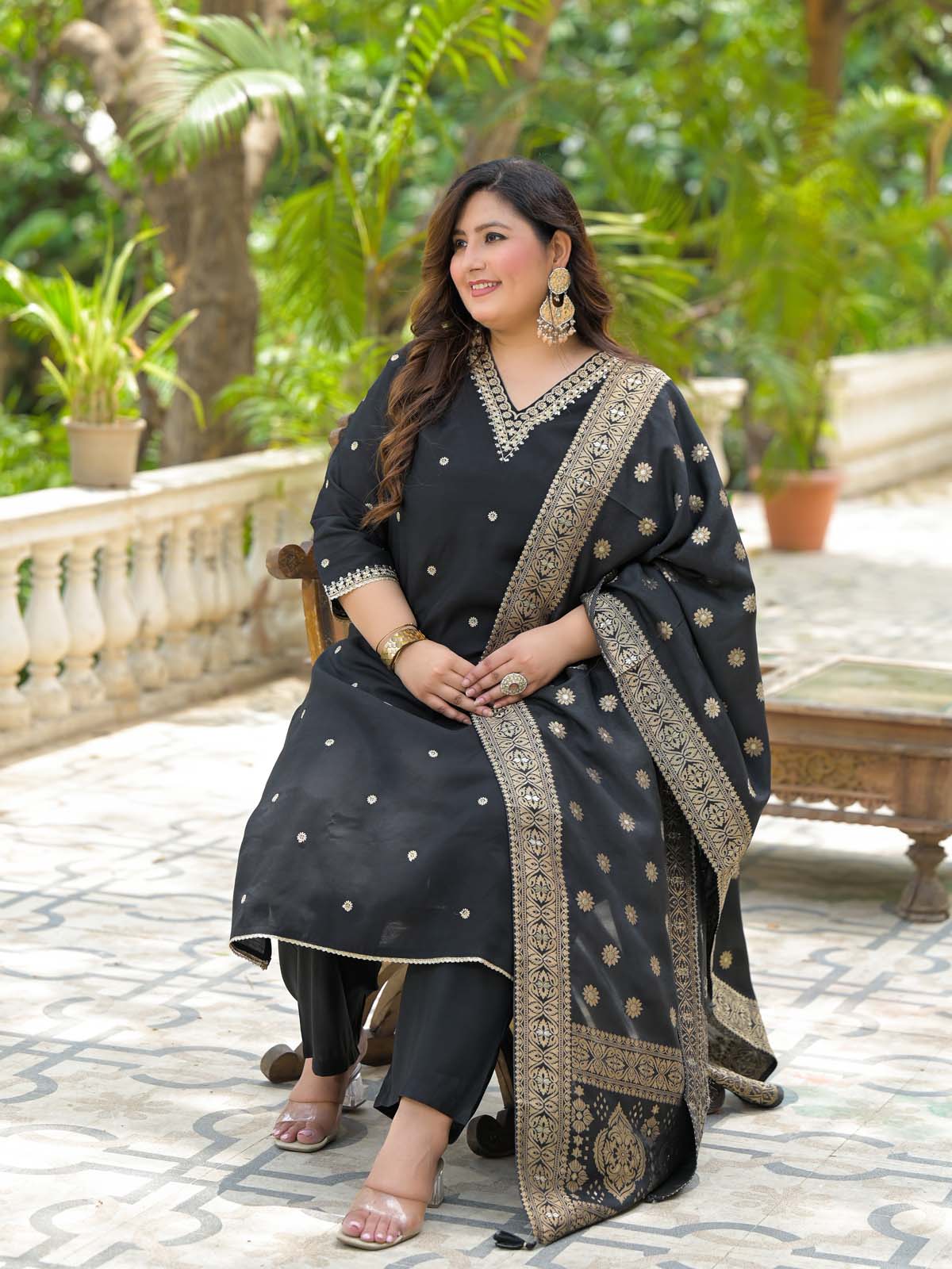 Label Khoj Women Roman Silk Embroidery  Work Black Color Kurta & Bottom With Dupatta  Set