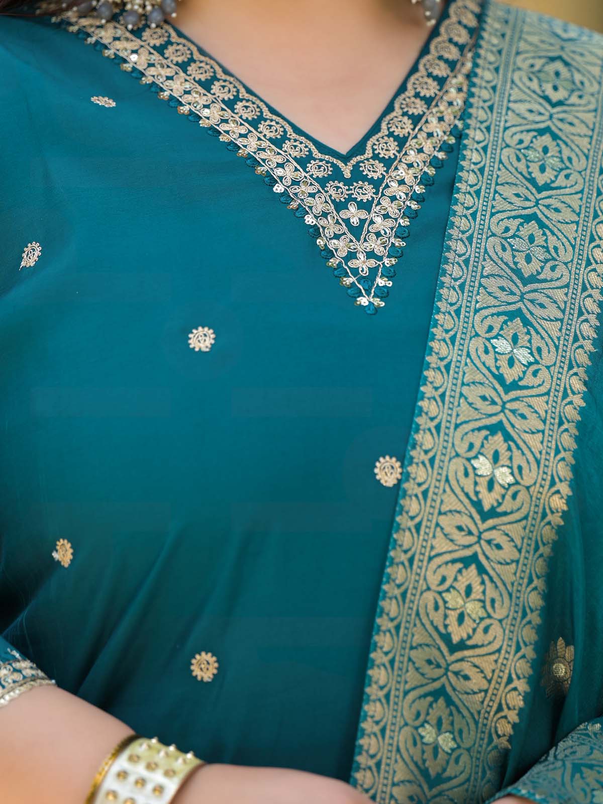 Label Khoj Women Roman Silk Embroidery  Work Firoji Color Kurta & Bottom With Dupatta  Set