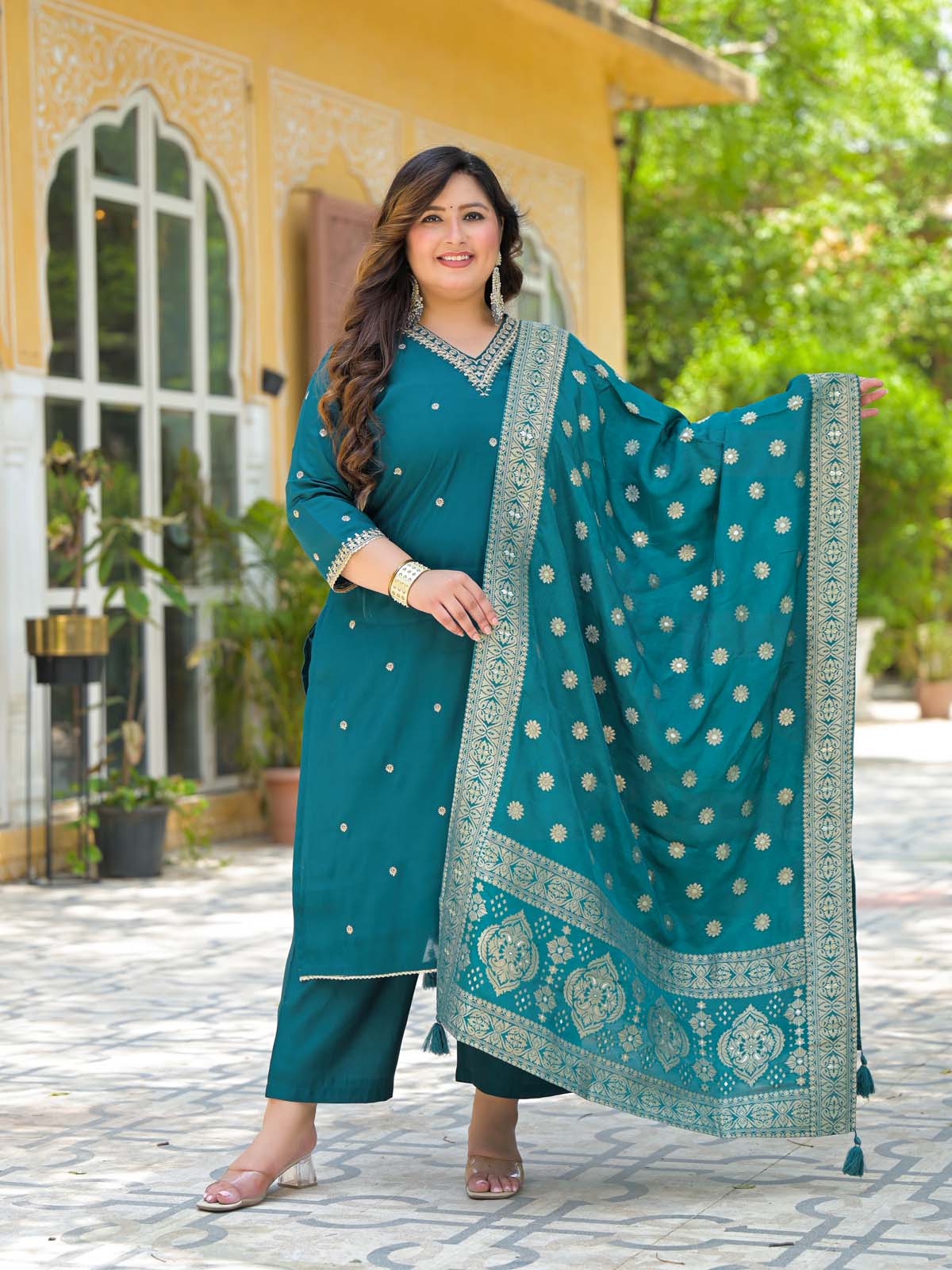 Label Khoj Women Roman Silk Embroidery  Work Firoji Color Kurta & Bottom With Dupatta  Set