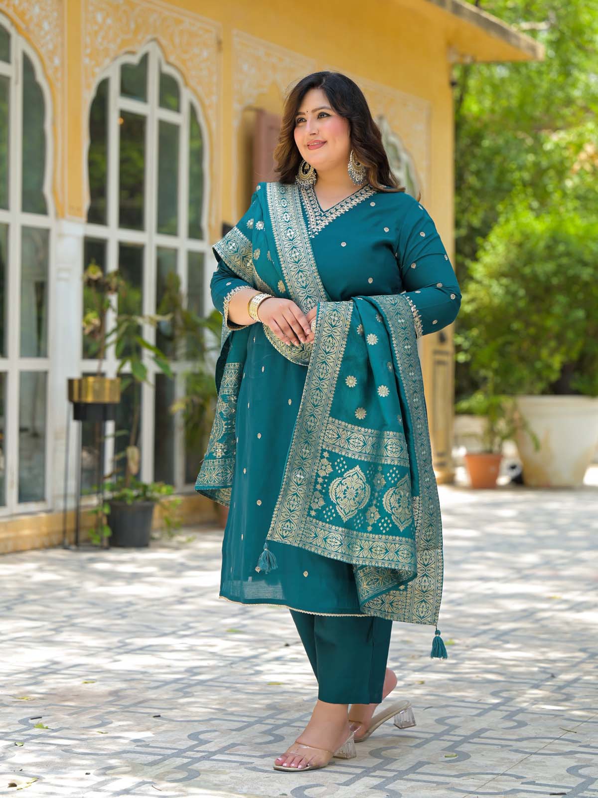 Label Khoj Women Roman Silk Embroidery  Work Firoji Color Kurta & Bottom With Dupatta  Set
