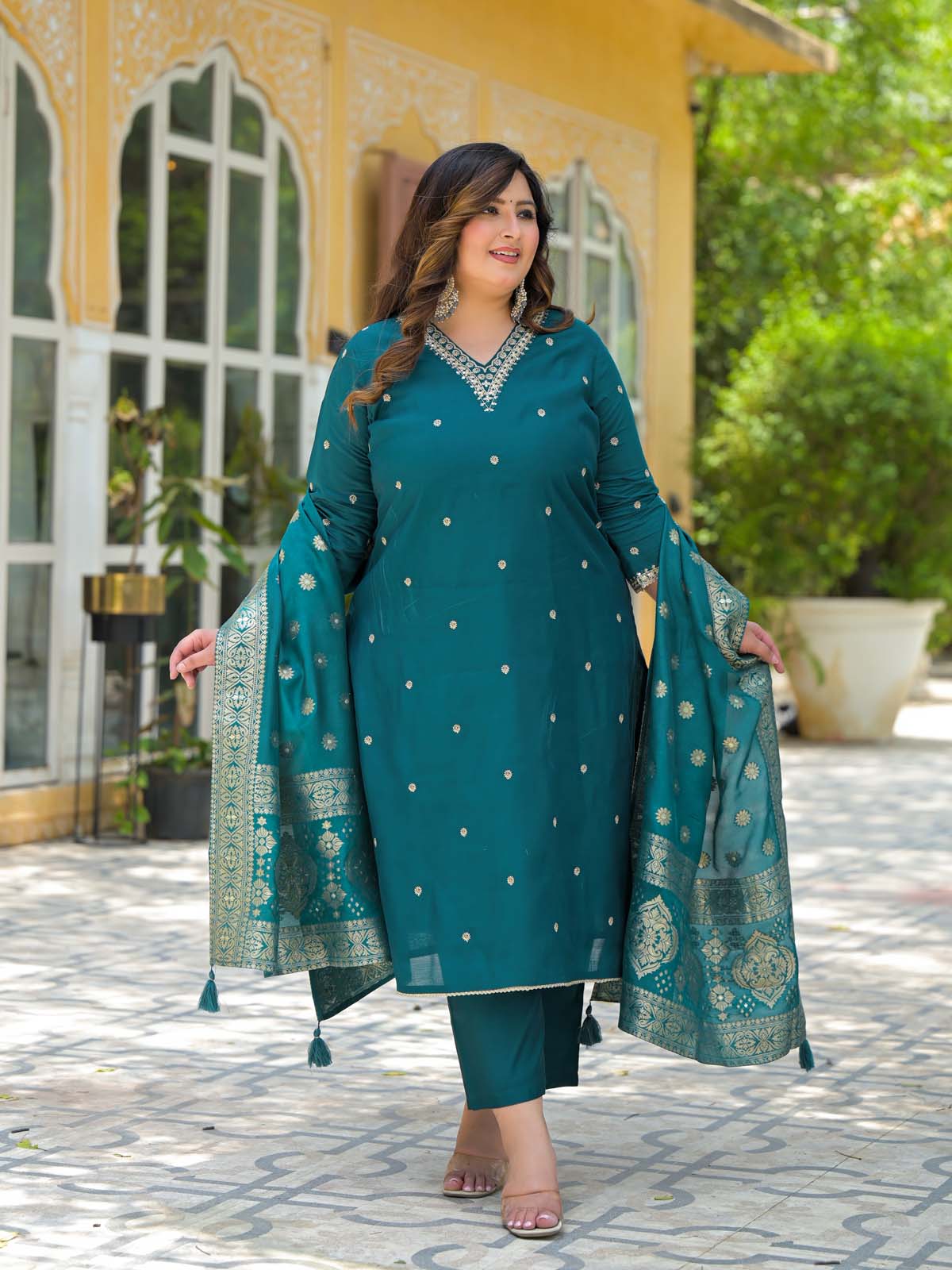 Label Khoj Women Roman Silk Embroidery  Work Firoji Color Kurta & Bottom With Dupatta  Set