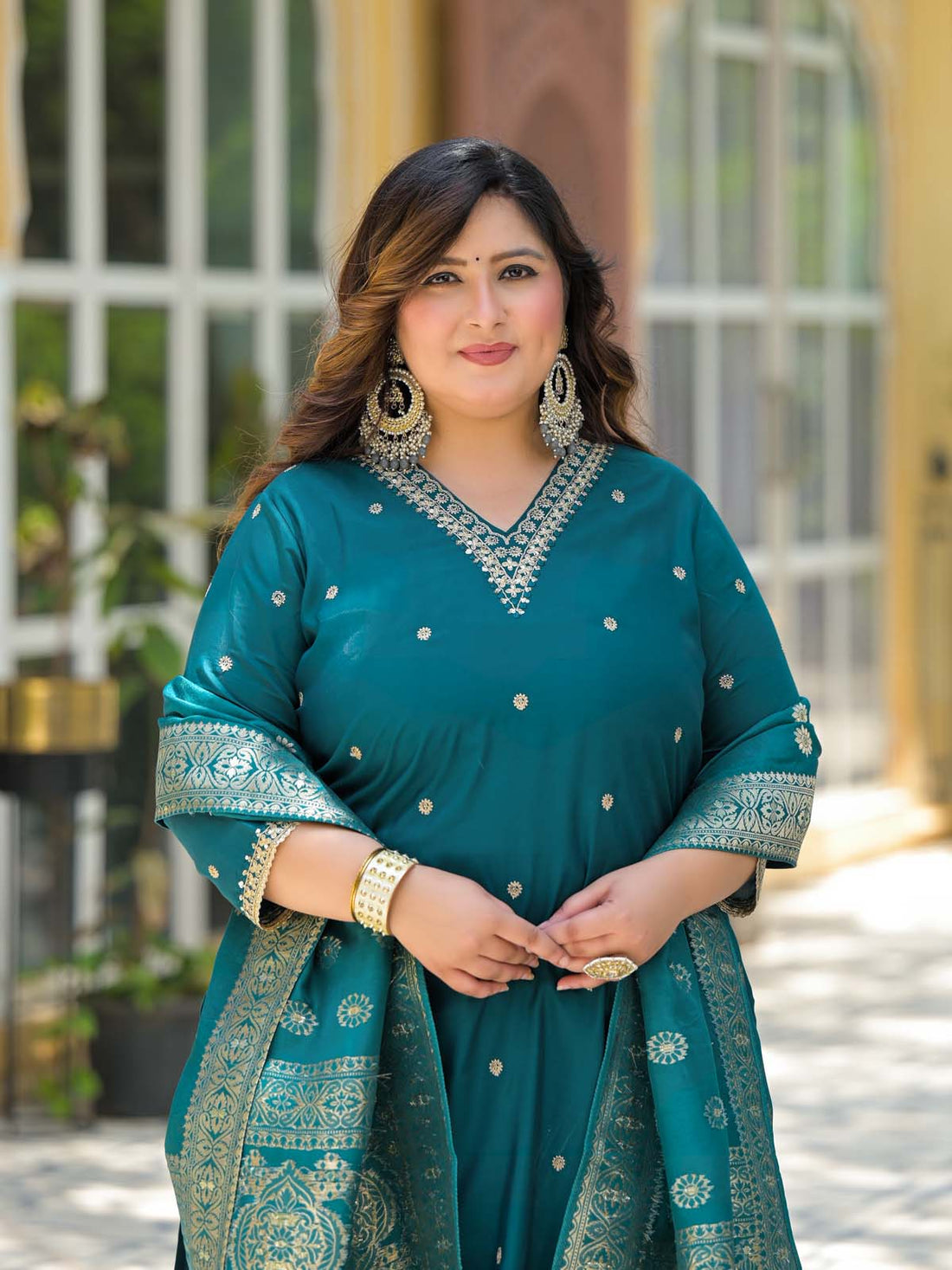 Label Khoj Women Roman Silk Embroidery  Work Firoji Color Kurta & Bottom With Dupatta  Set